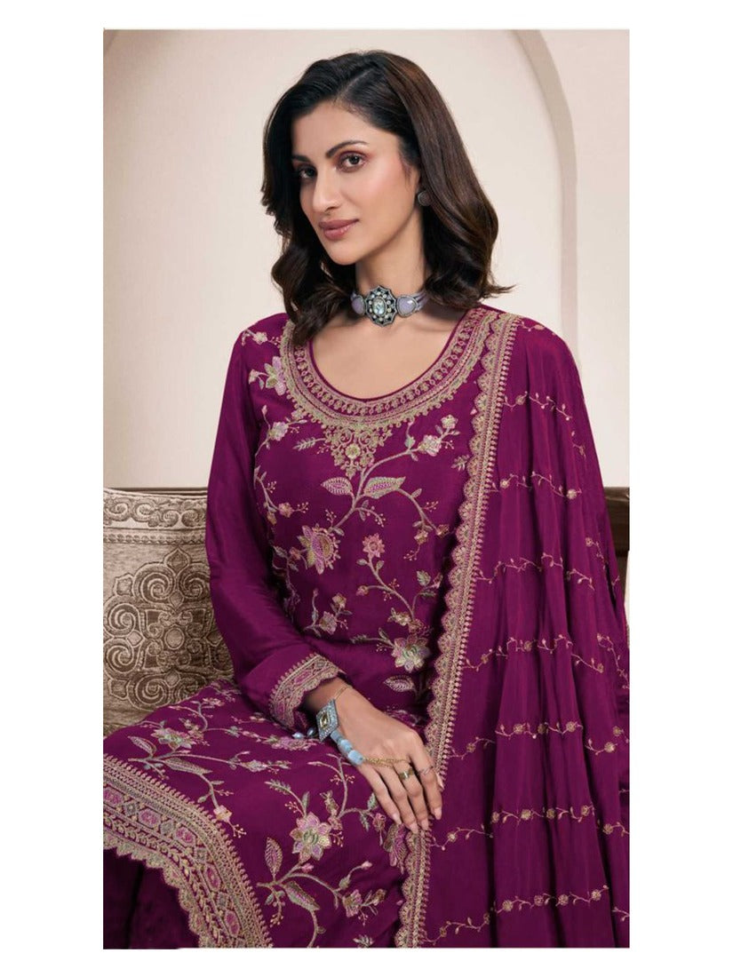 Chinon Silk Embroidered Full Stitched Wedding Palazzo Suit 73411