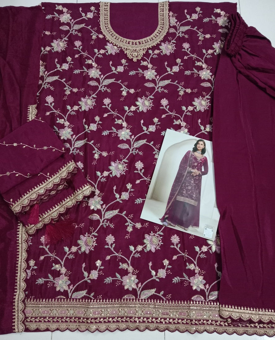 Chinon Silk Embroidered Full Stitched Wedding Palazzo Suit 73411