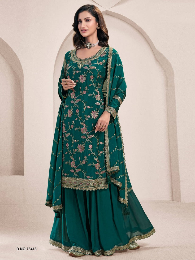 Chinon Silk Embroidered Full Stitched Wedding Palazzo Suit 73411