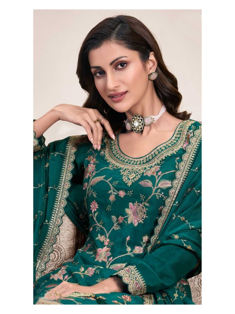 Chinon Silk Embroidered Full Stitched Wedding Palazzo Suit 73411