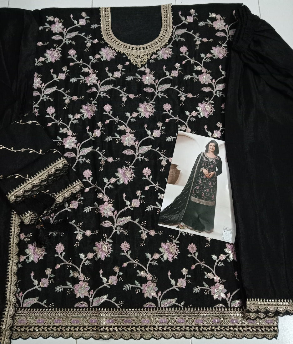Chinon Silk Embroidered Full Stitched Wedding Palazzo Suit 73411