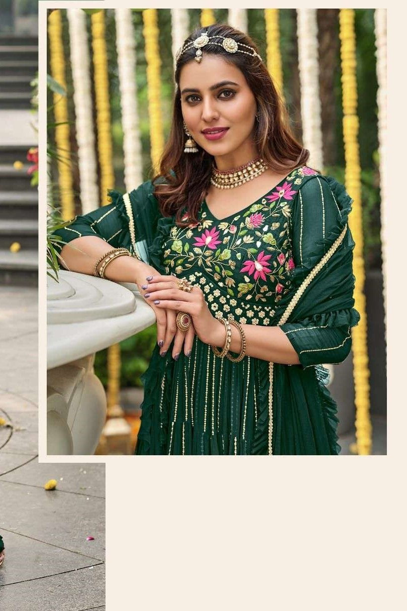 Dark Green Georgette Full Stitch Wedding Gharara Suit 104
