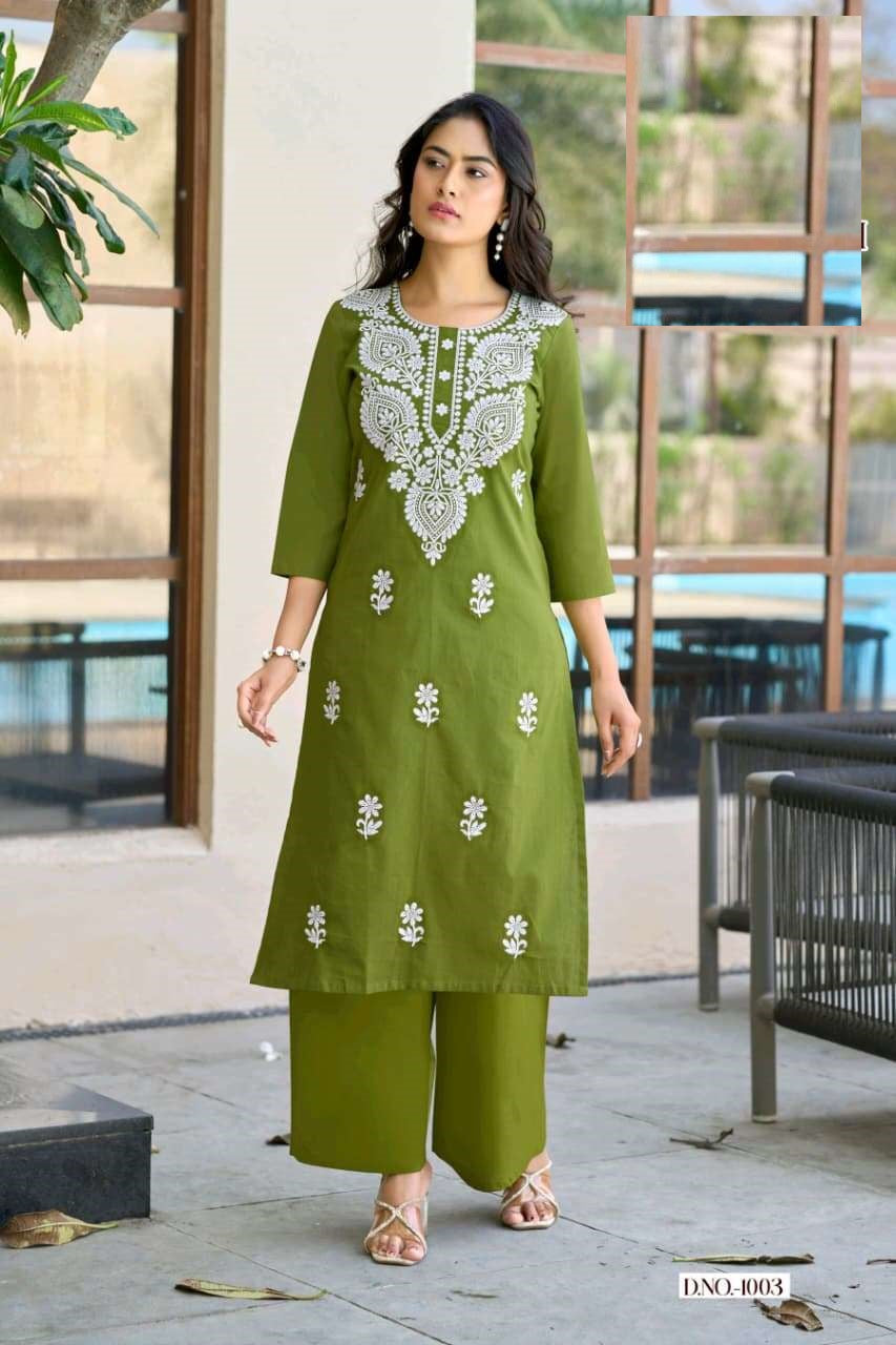 Cotton Slub Summer Wear Lucknowi Embroidery Kurta Set 1001