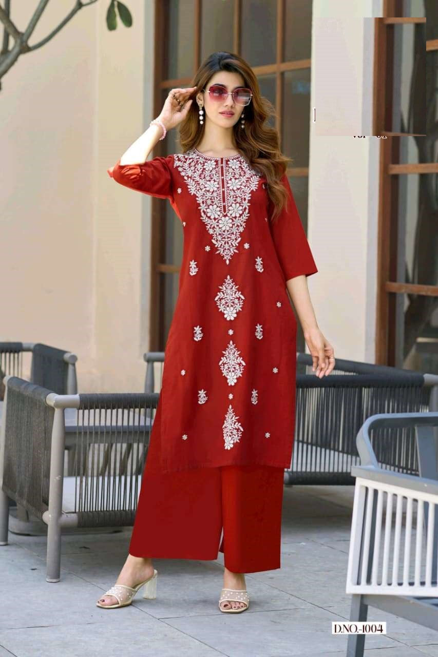 Cotton Slub Summer Wear Lucknowi Embroidery Kurta Set 1001