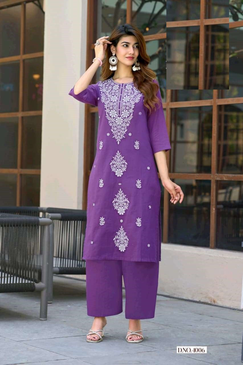 Cotton Slub Summer Wear Lucknowi Embroidery Kurta Set 1001