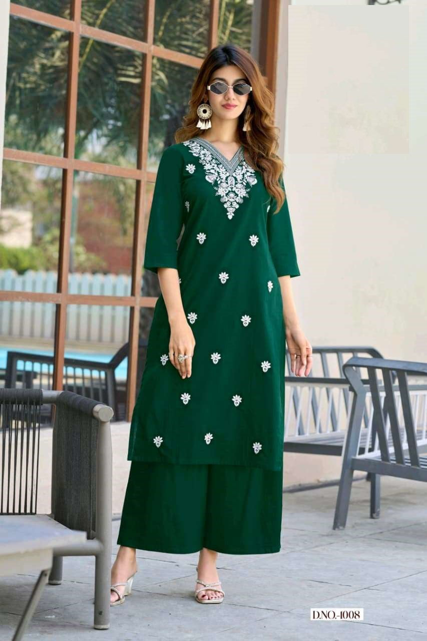 Cotton Slub Summer Wear Lucknowi Embroidery Kurta Set 1001