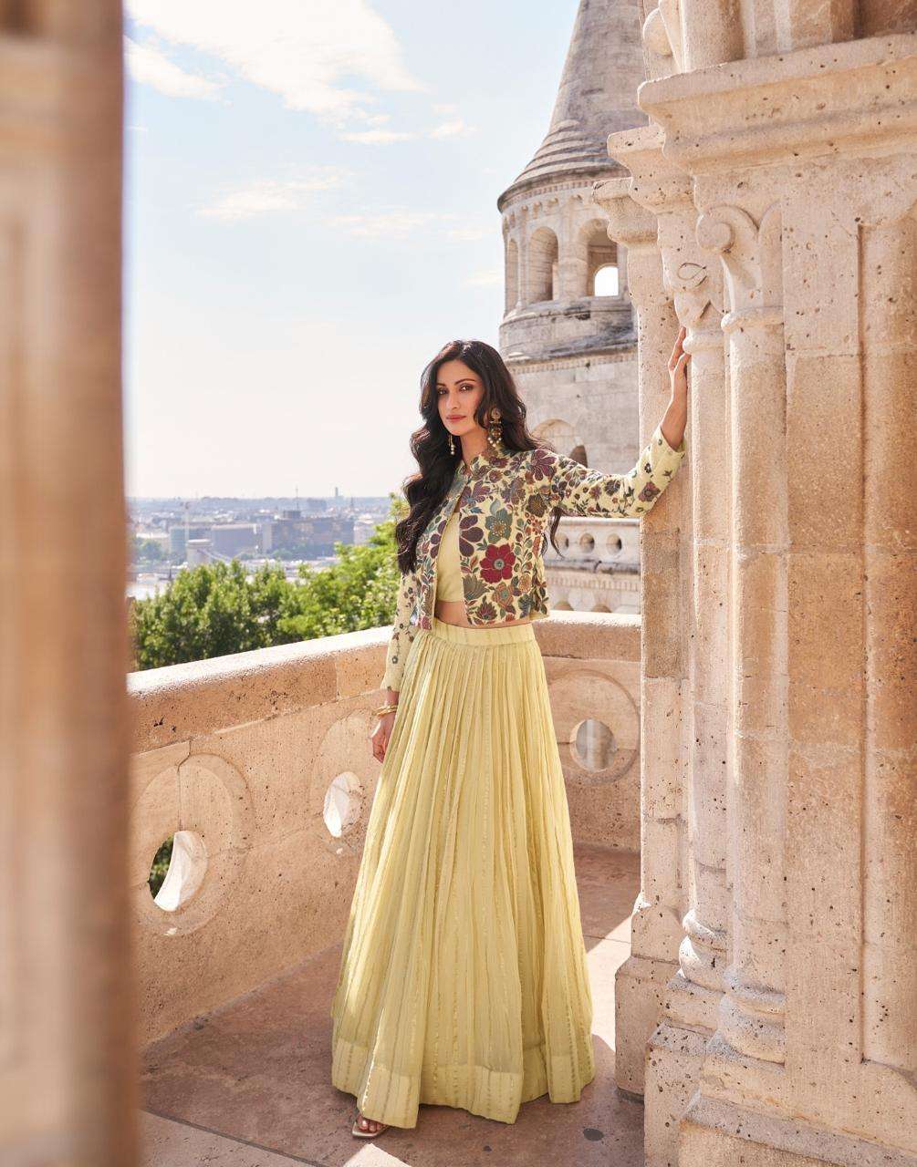 Indo-Western Heavy Wedding Collection Chinon Silk Crop Top, Jacket & Skirt Set 5580