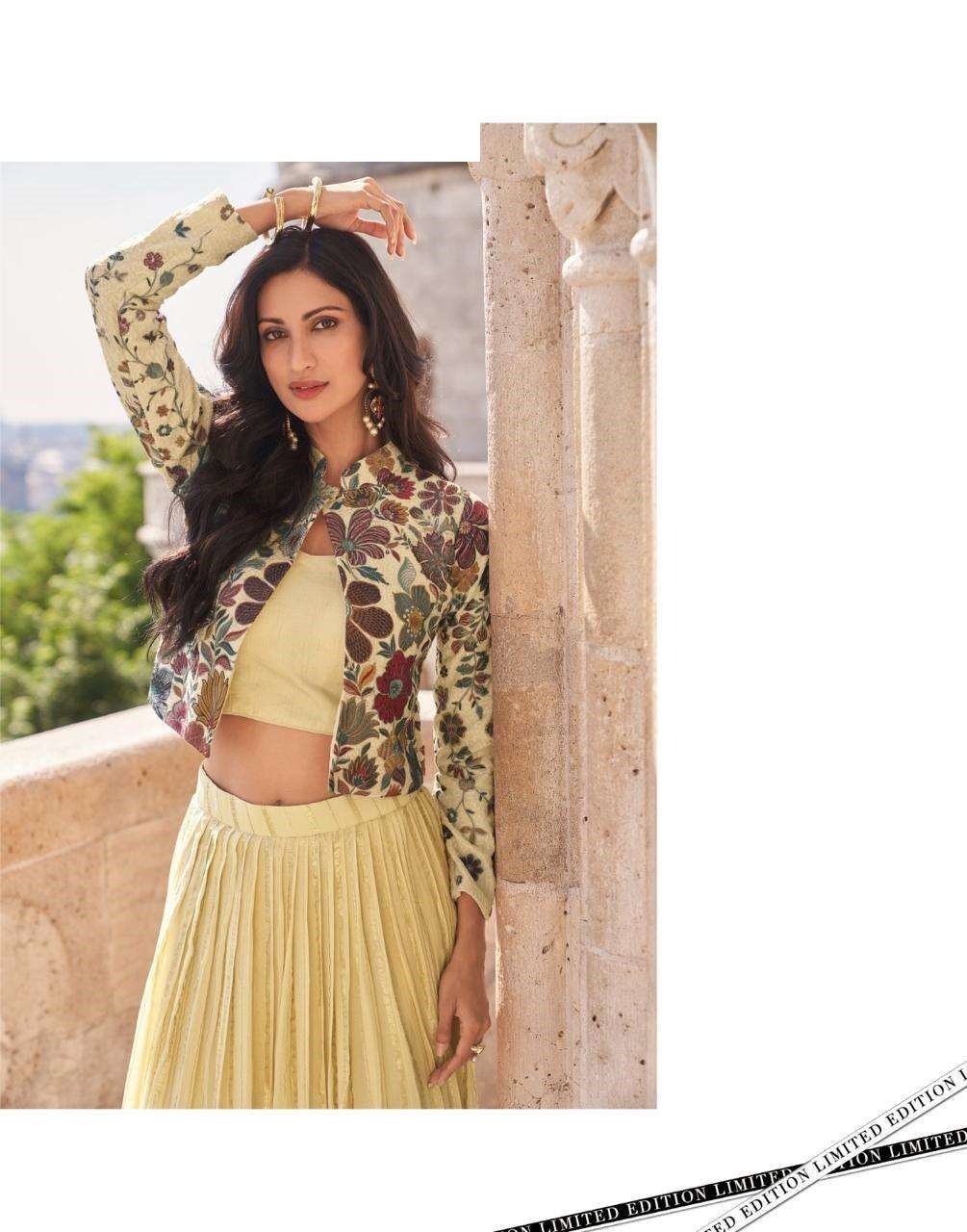 Indo-Western Heavy Wedding Collection Chinon Silk Crop Top, Jacket & Skirt Set 5580