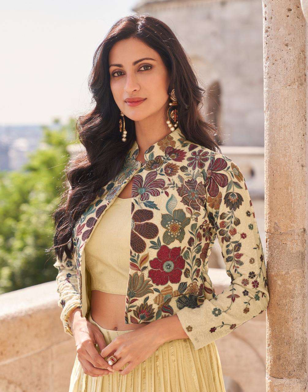 Indo-Western Heavy Wedding Collection Chinon Silk Crop Top, Jacket & Skirt Set 5580