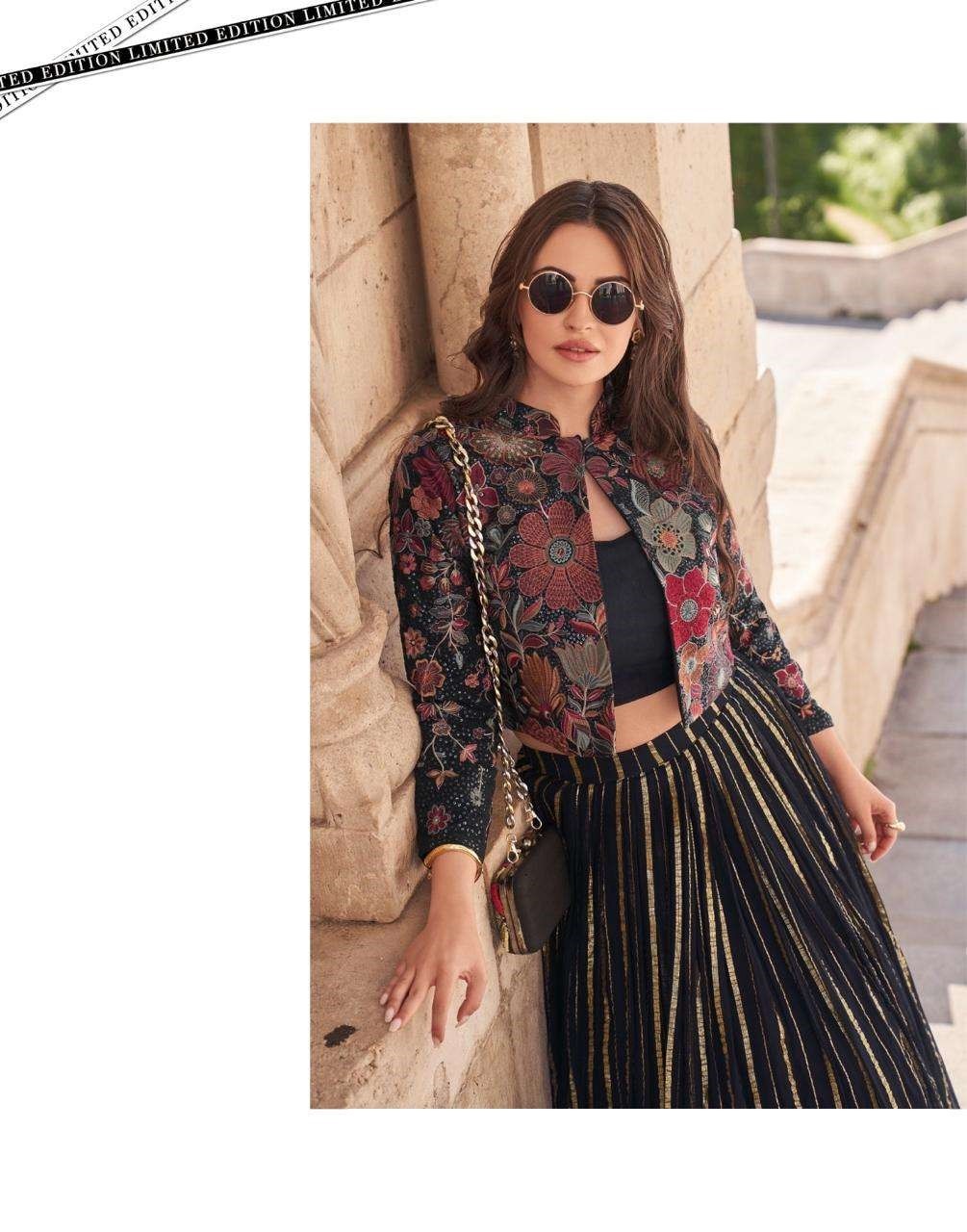 Indo-Western Heavy Wedding Collection Chinon Silk Crop Top, Jacket & Skirt Set 5580
