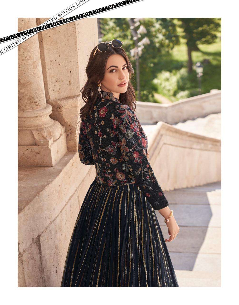 Indo-Western Heavy Wedding Collection Chinon Silk Crop Top, Jacket & Skirt Set 5580