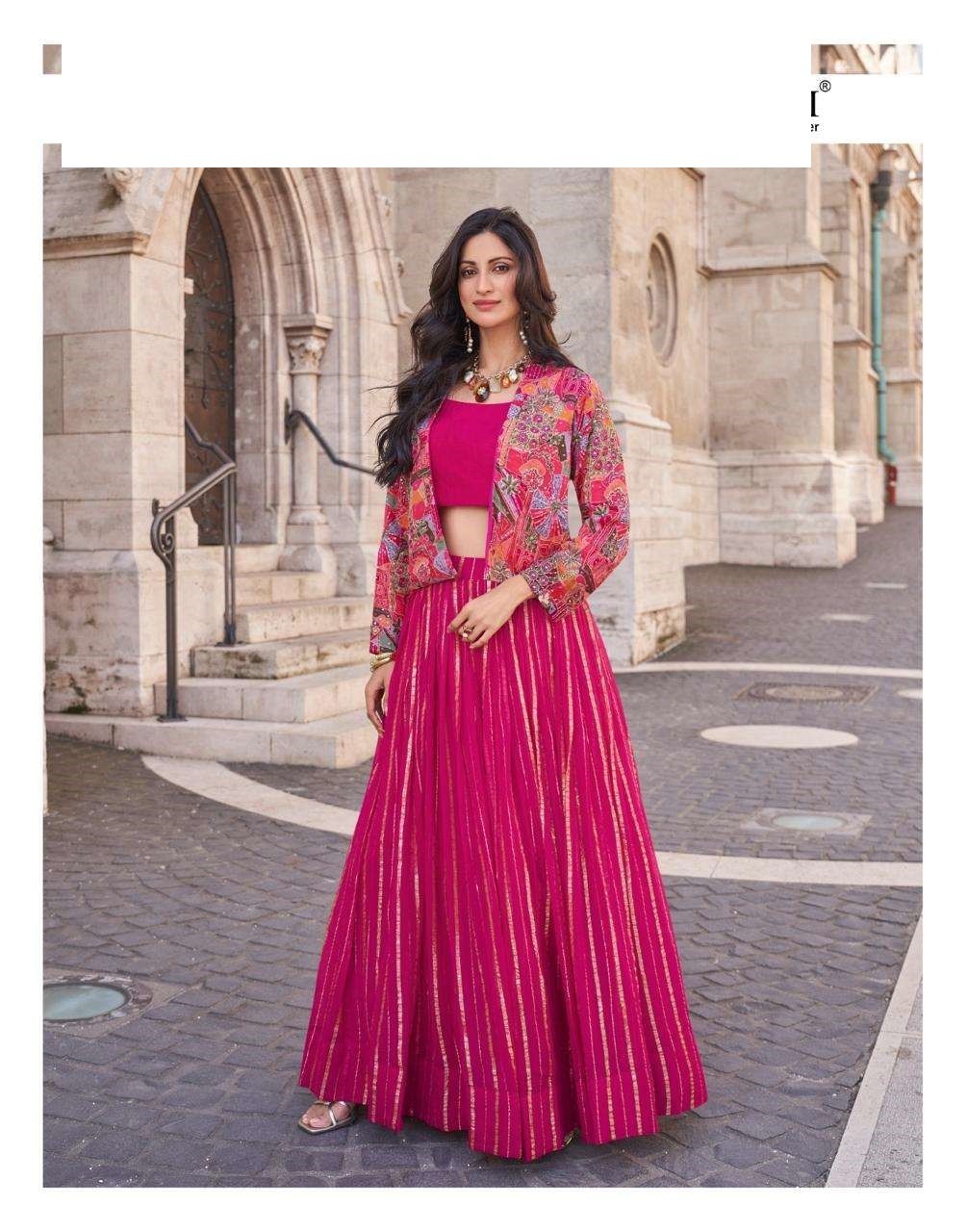 Indo-Western Heavy Wedding Collection Chinon Silk Crop Top, Jacket & Skirt Set 5580