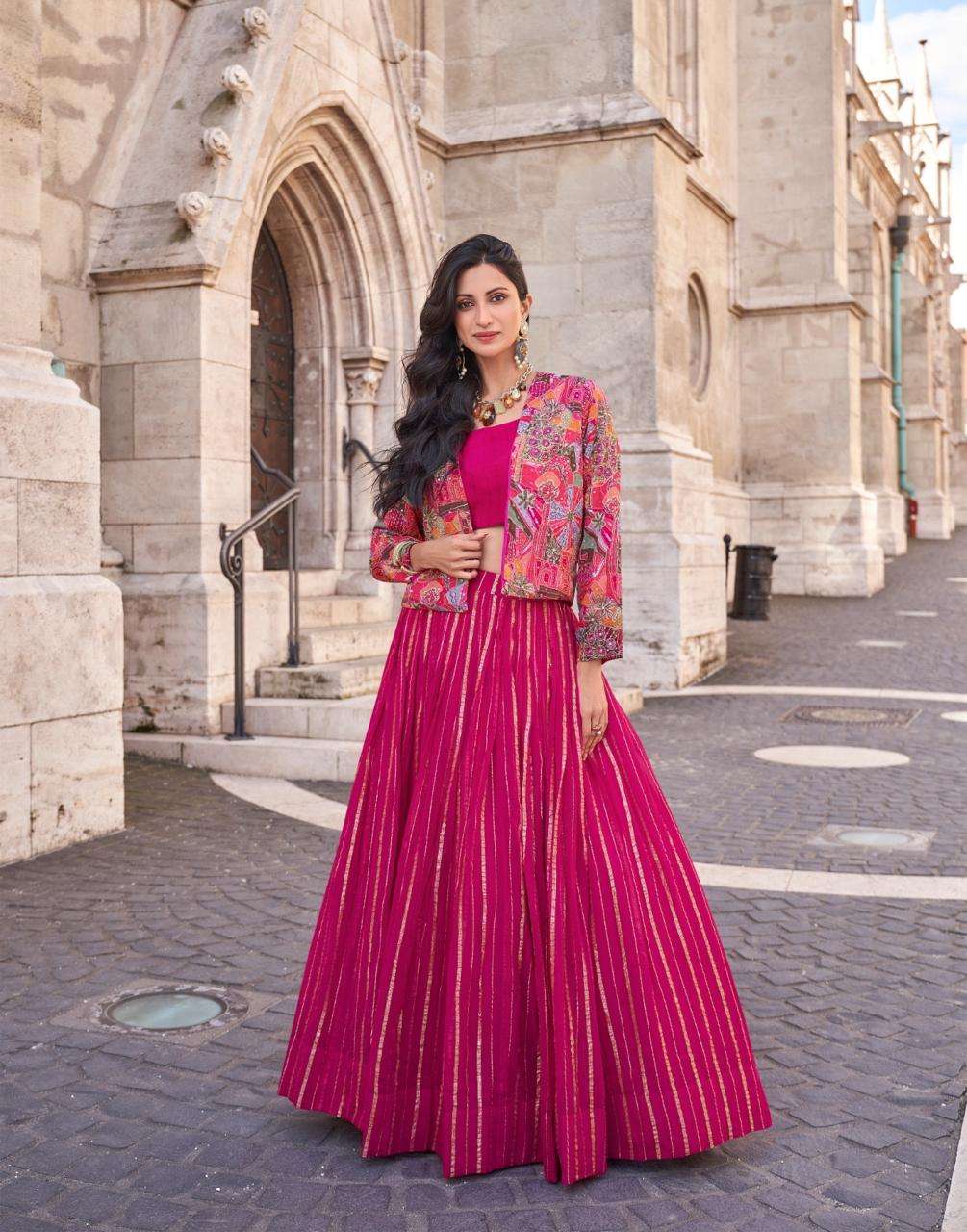 Indo-Western Heavy Wedding Collection Chinon Silk Crop Top, Jacket & Skirt Set 5580