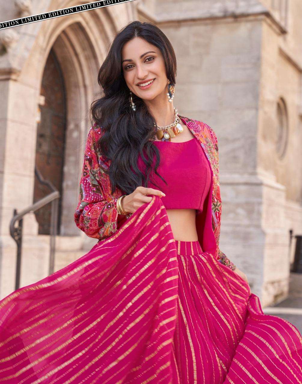 Indo-Western Heavy Wedding Collection Chinon Silk Crop Top, Jacket & Skirt Set 5580