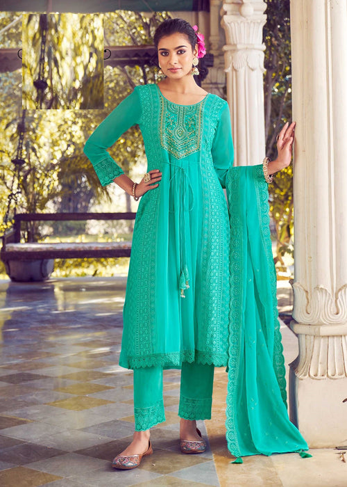 Aqua Green Georgette Chikankari Work Premium Full Stitch Suit 5064