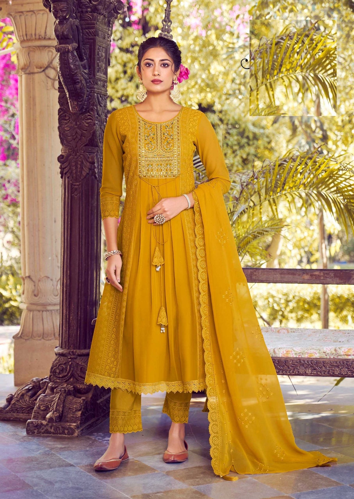 Mustard Georgette Chikankari Work Premium Full Stitch Suit 5067