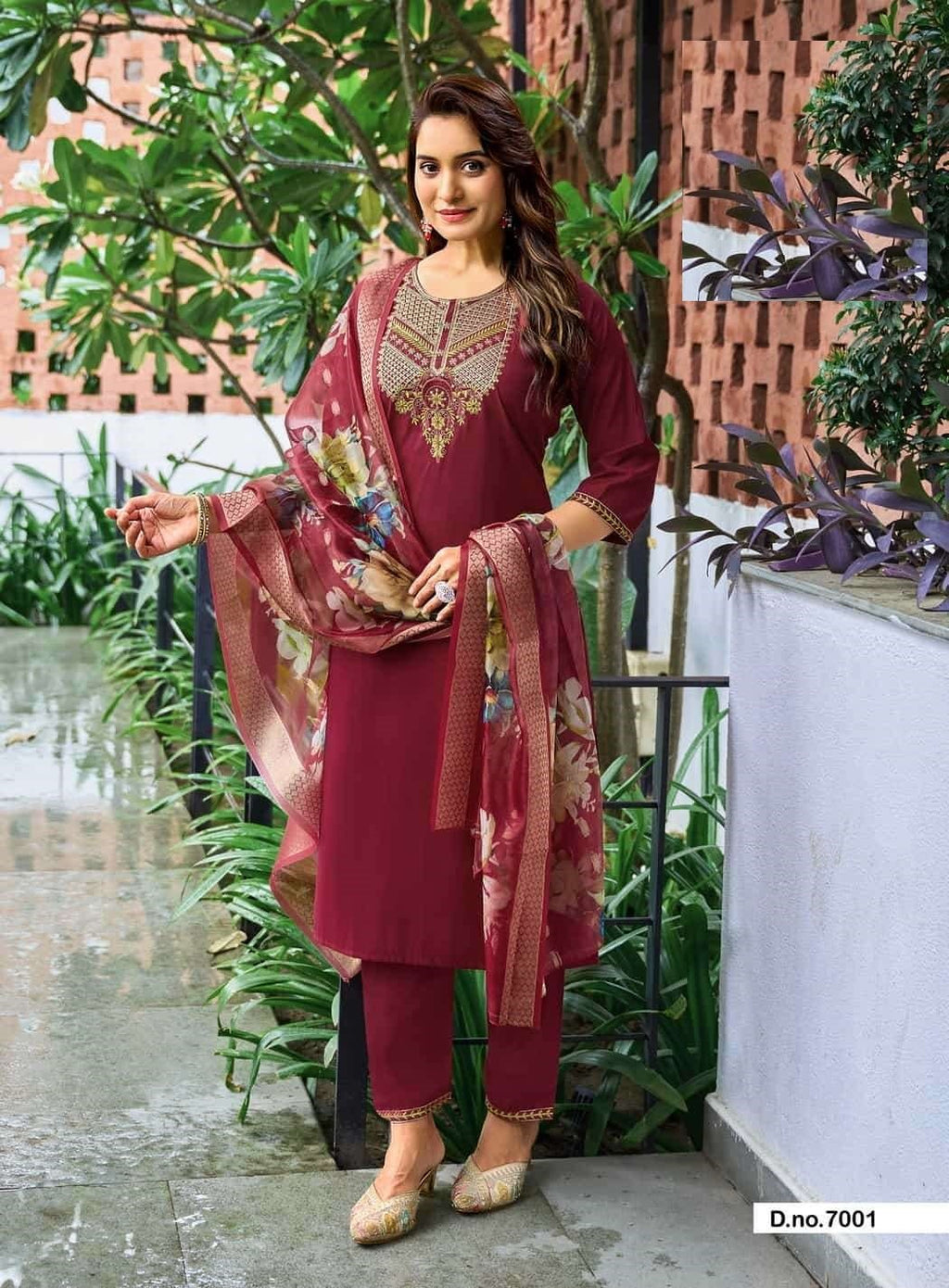 Casual Wear Embroidered Roman Silk Suit 7001