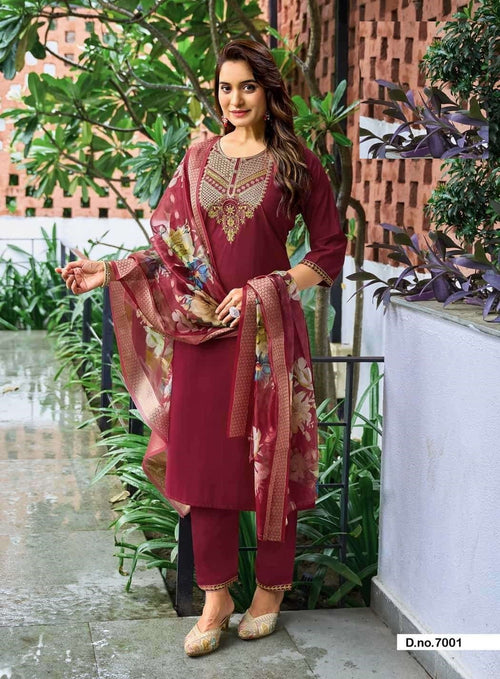 Casual Wear Embroidered Roman Silk Suit 7001