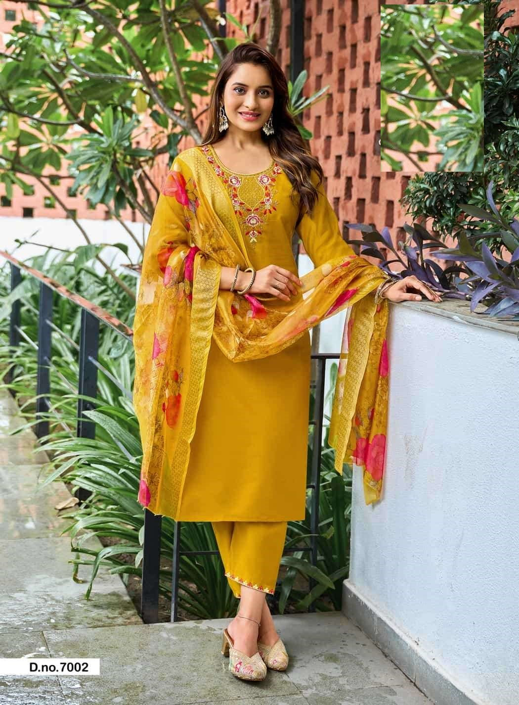 Casual Wear Embroidered Roman Silk Suit 7001