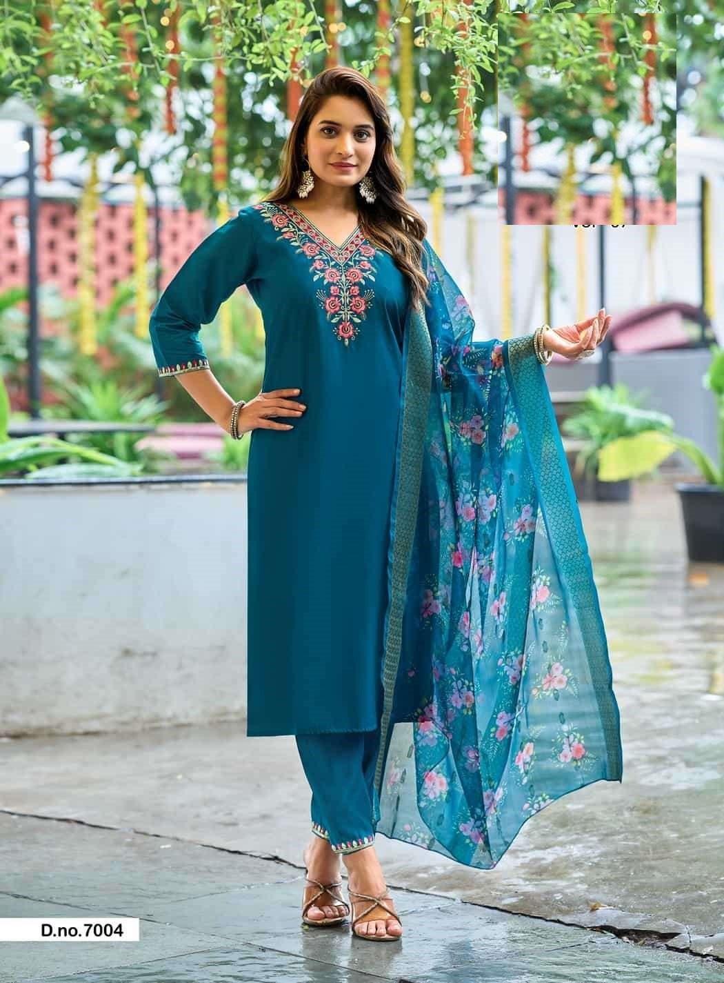 Casual Wear Embroidered Roman Silk Suit 7001