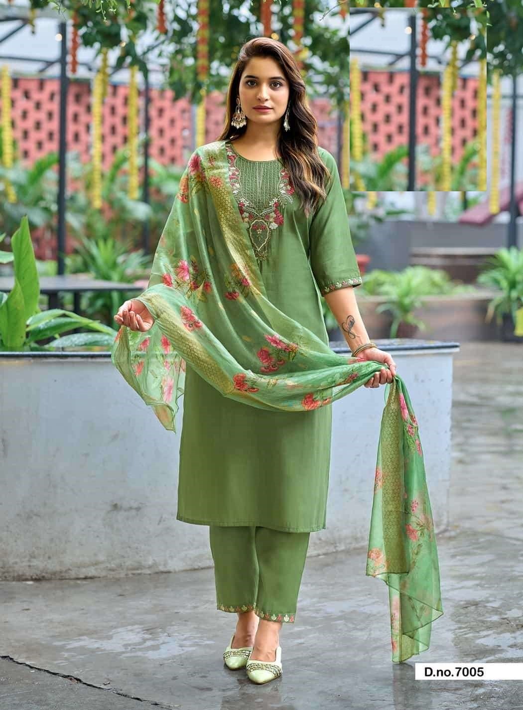 Casual Wear Embroidered Roman Silk Suit 7001