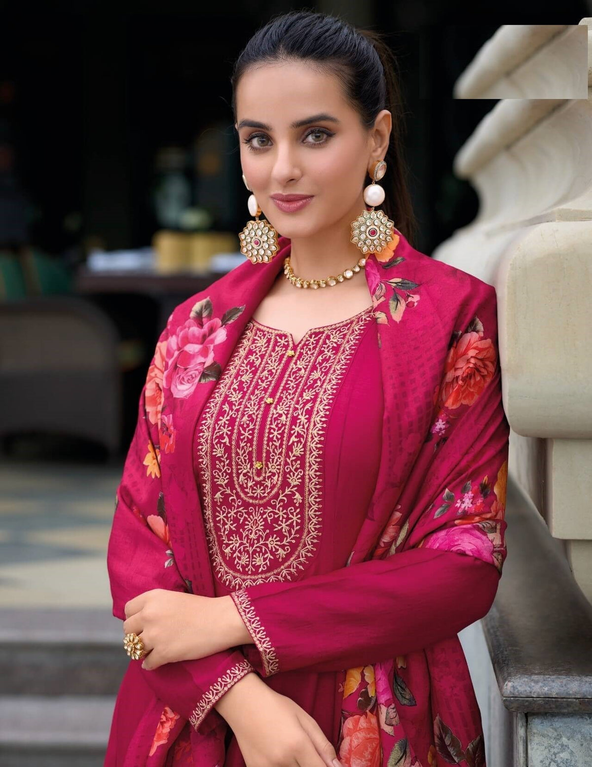 Rani Pink Silk Anarkali Suit With Floral Organza Dupatta 22101