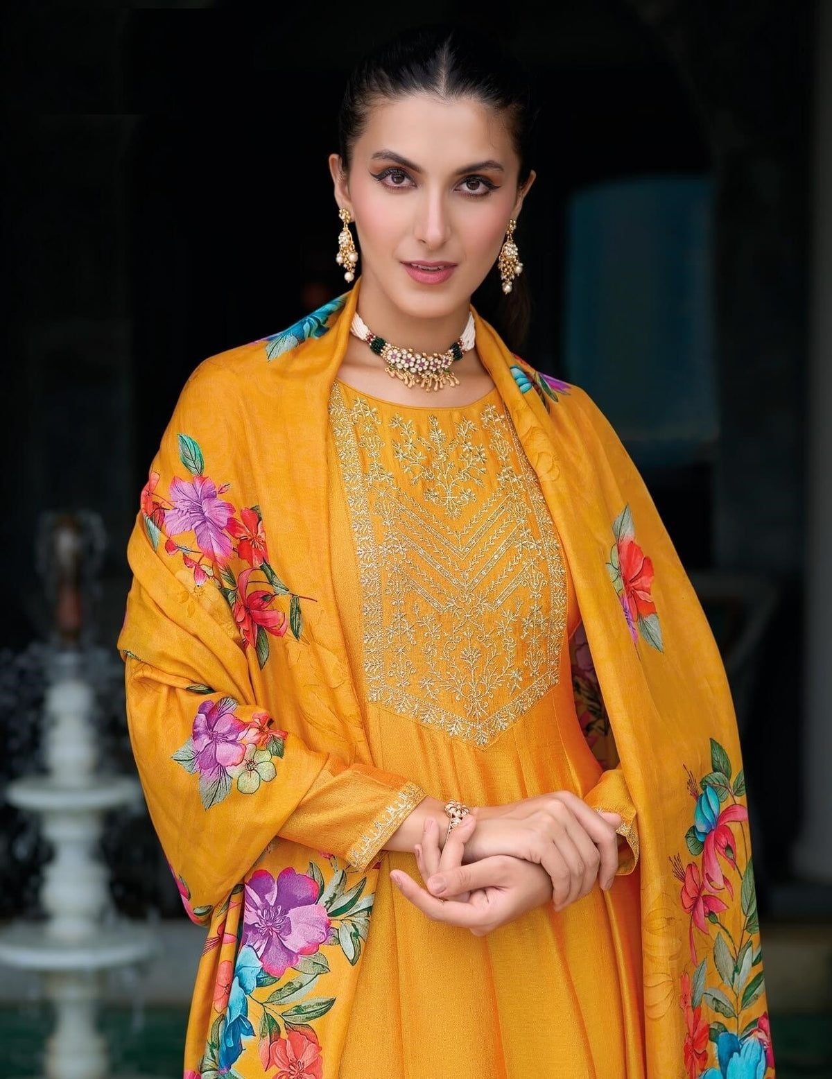 Golden Yellow Silk Anarkali Suit With Floral Organza Dupatta 22102