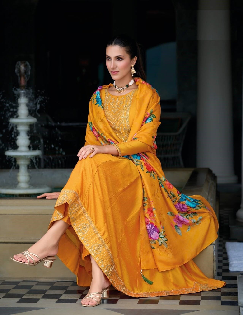 Golden Yellow Silk Anarkali Suit With Floral Organza Dupatta 22102