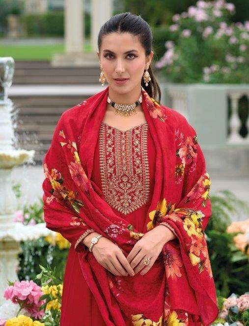 Red Silk Anarkali Suit With Floral Organza Dupatta 22106
