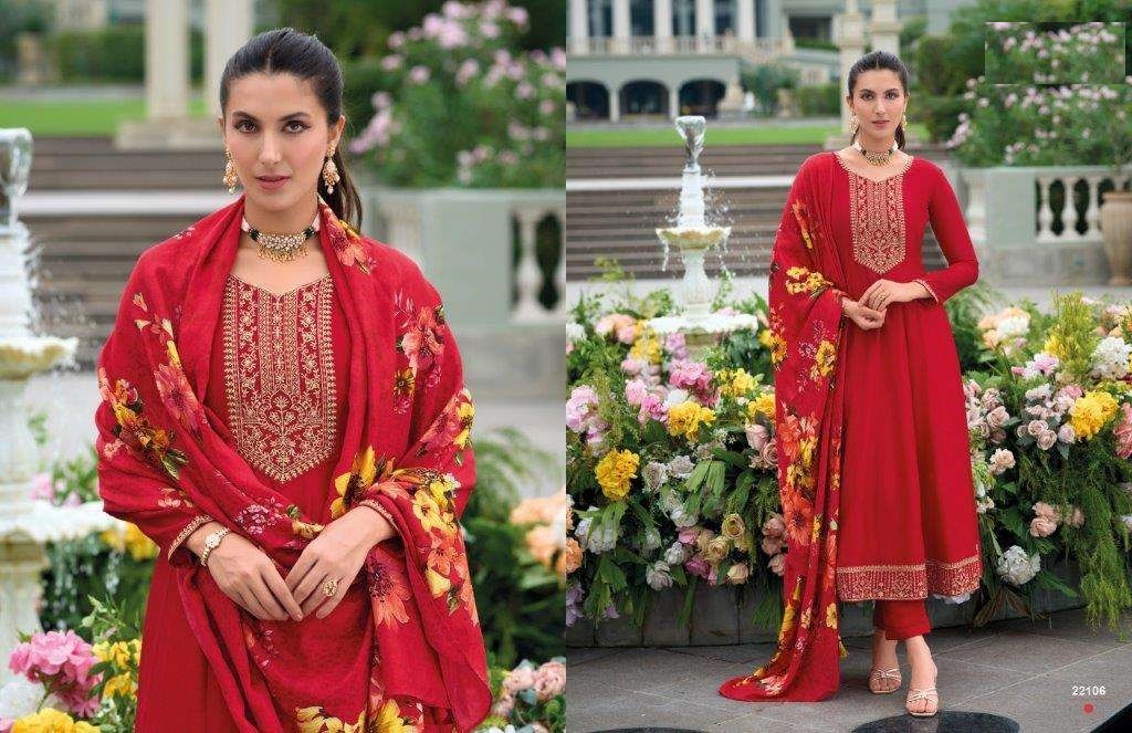 Red Silk Anarkali Suit With Floral Organza Dupatta 22106