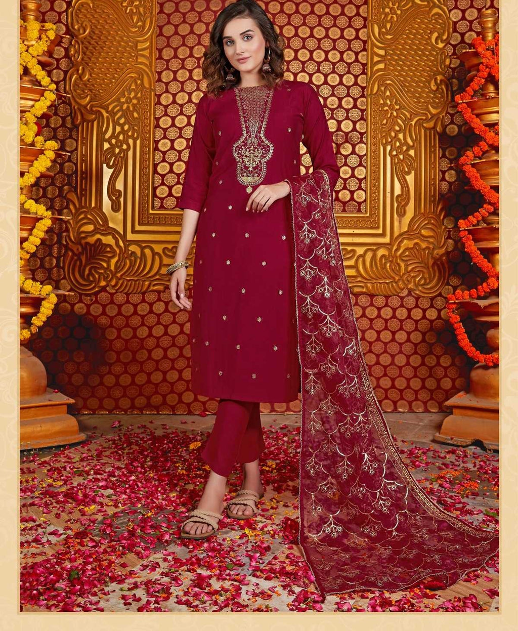 Red Silk Heavy V Neck Embroidery Organza Dupatta Full Stitch Suit 1001