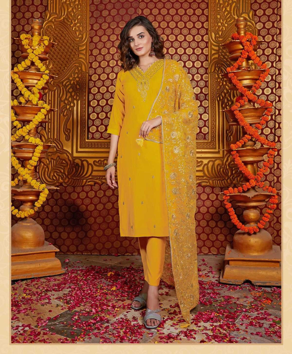 Yellow Silk Heavy V Neck Embroidery Organza Dupatta Full Stitch Suit 1003