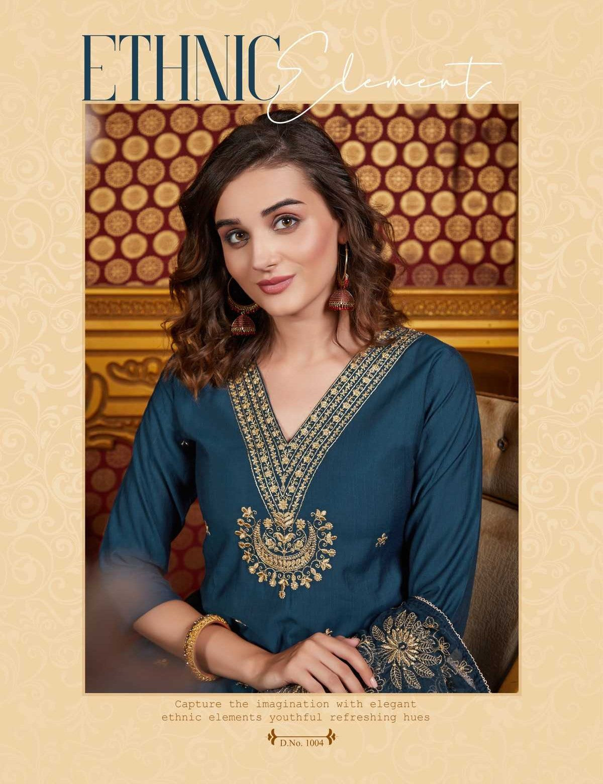 Navy Blue Silk Suit with V-Neck & Organza Dupatta 1004