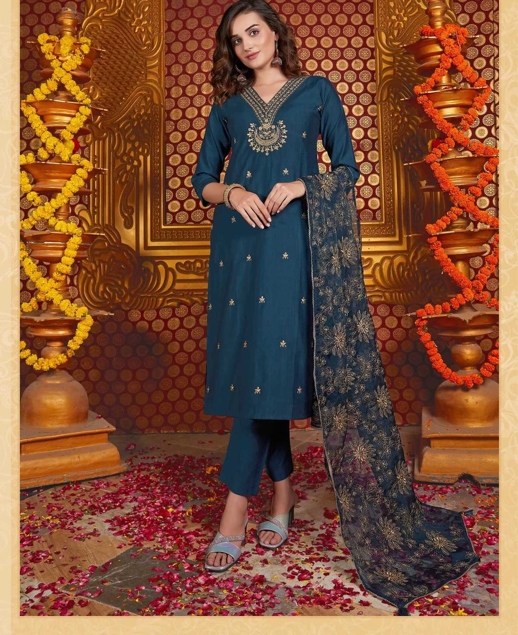 Navy Blue Silk Suit with V-Neck & Organza Dupatta 1004