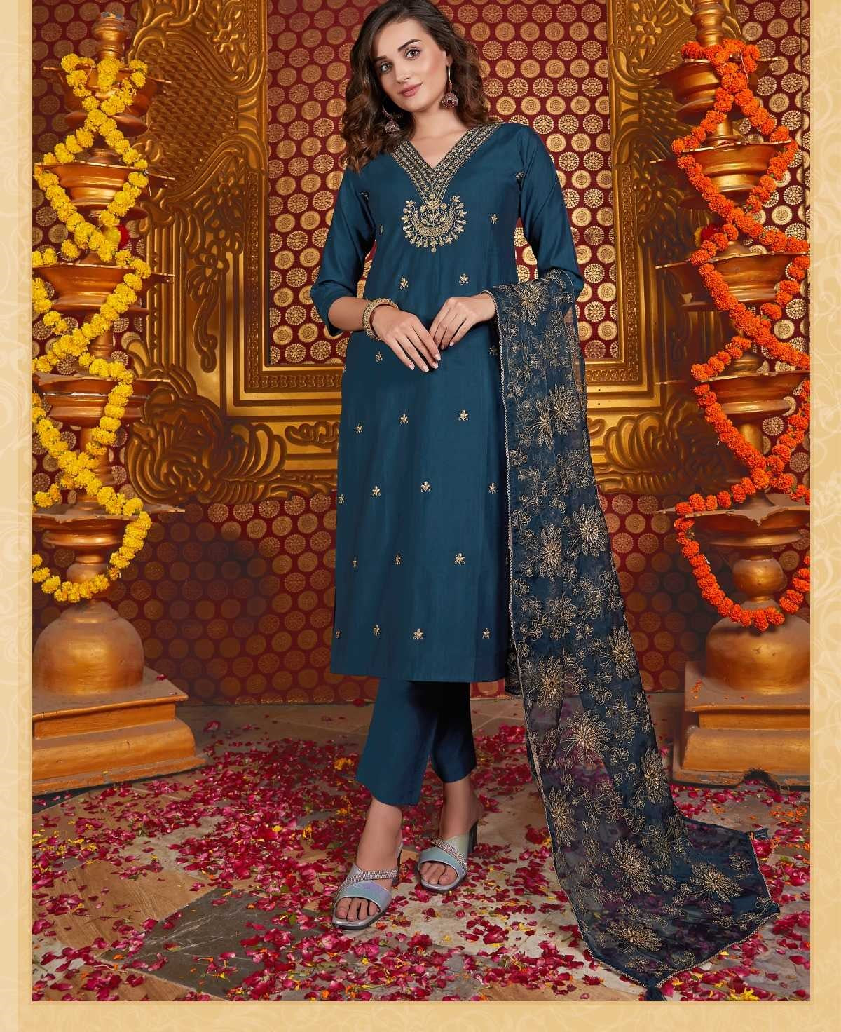 Navy Blue Silk Suit with V-Neck & Organza Dupatta 1004