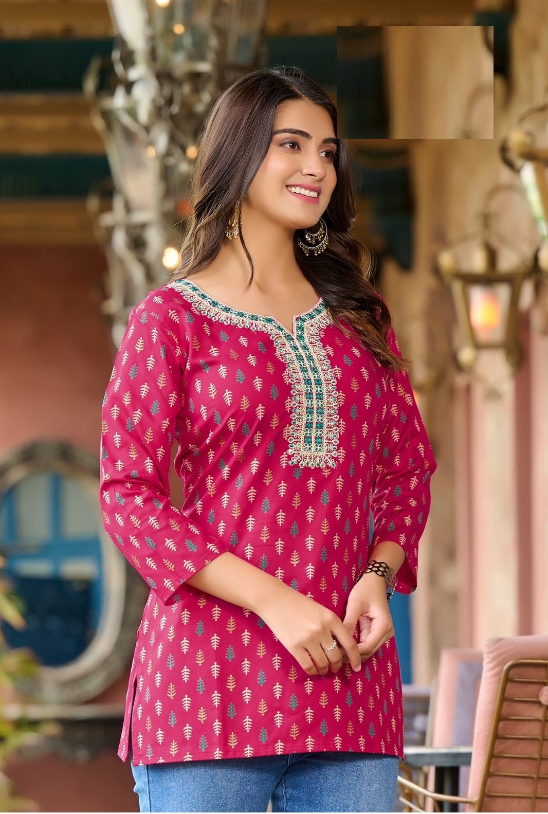 Dark Pink Rayon Cotton Mirror Work Short Kurti 107