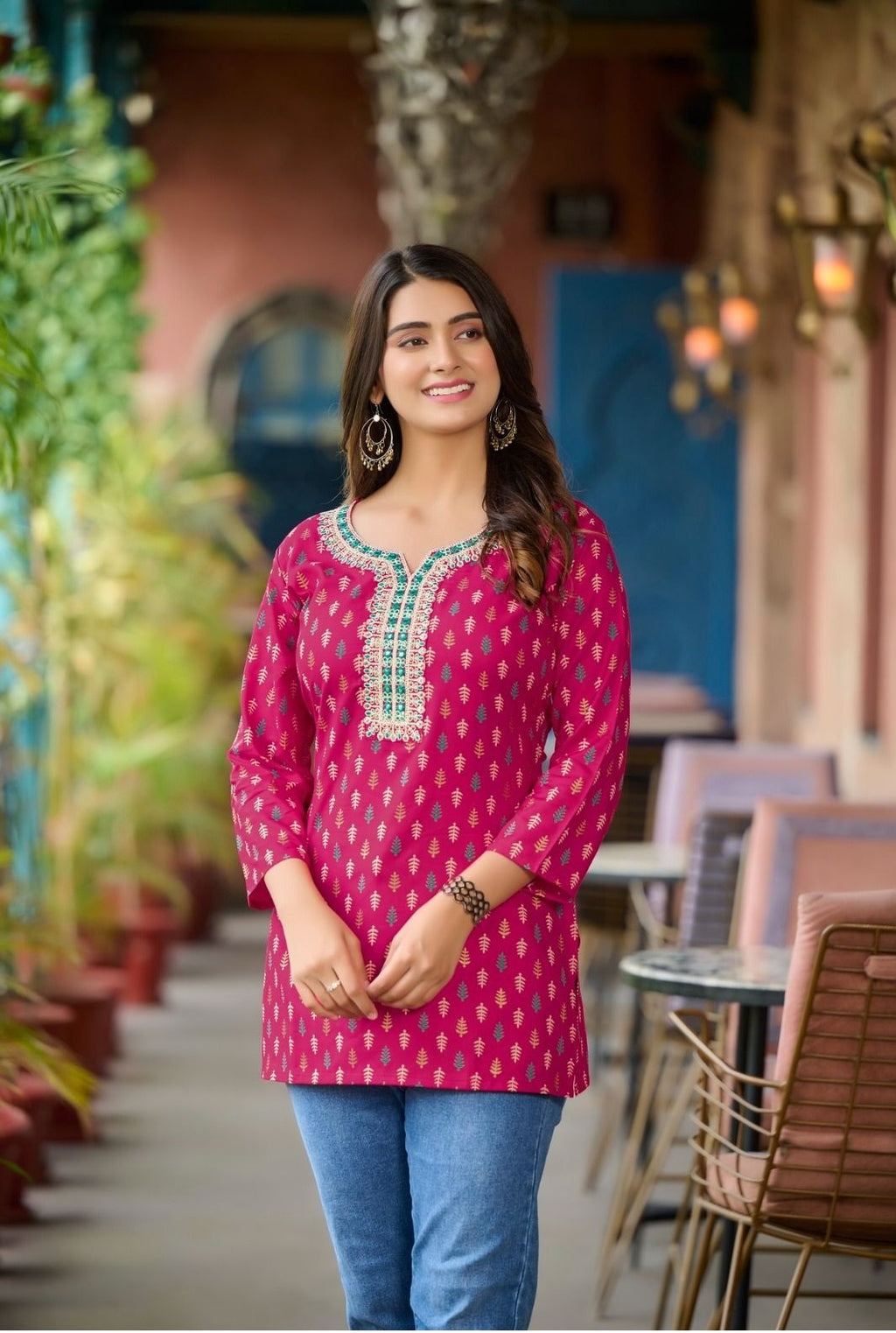 Dark Pink Rayon Cotton Mirror Work Short Kurti 107