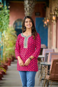 Dark Pink Rayon Cotton Mirror Work Short Kurti 107