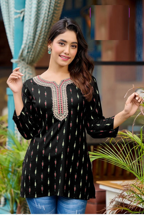 Black Rayon Cotton Mirror Work Short Kurti 108