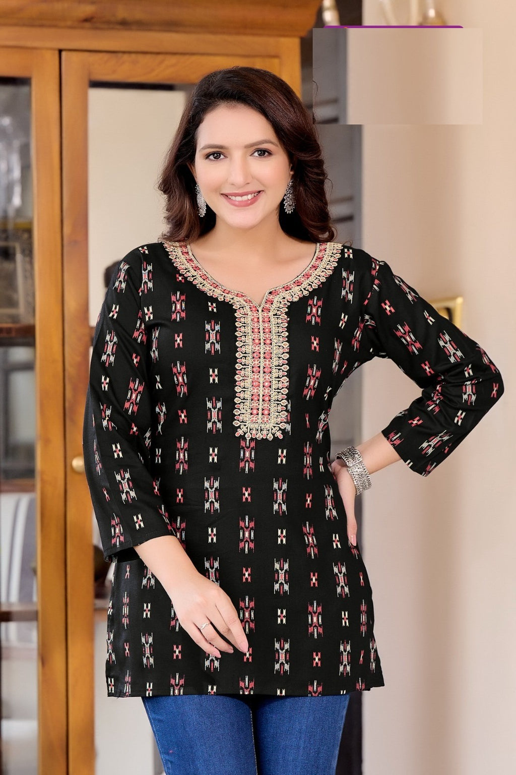 Black Rayon Cotton Mirror Work Short Kurti 201