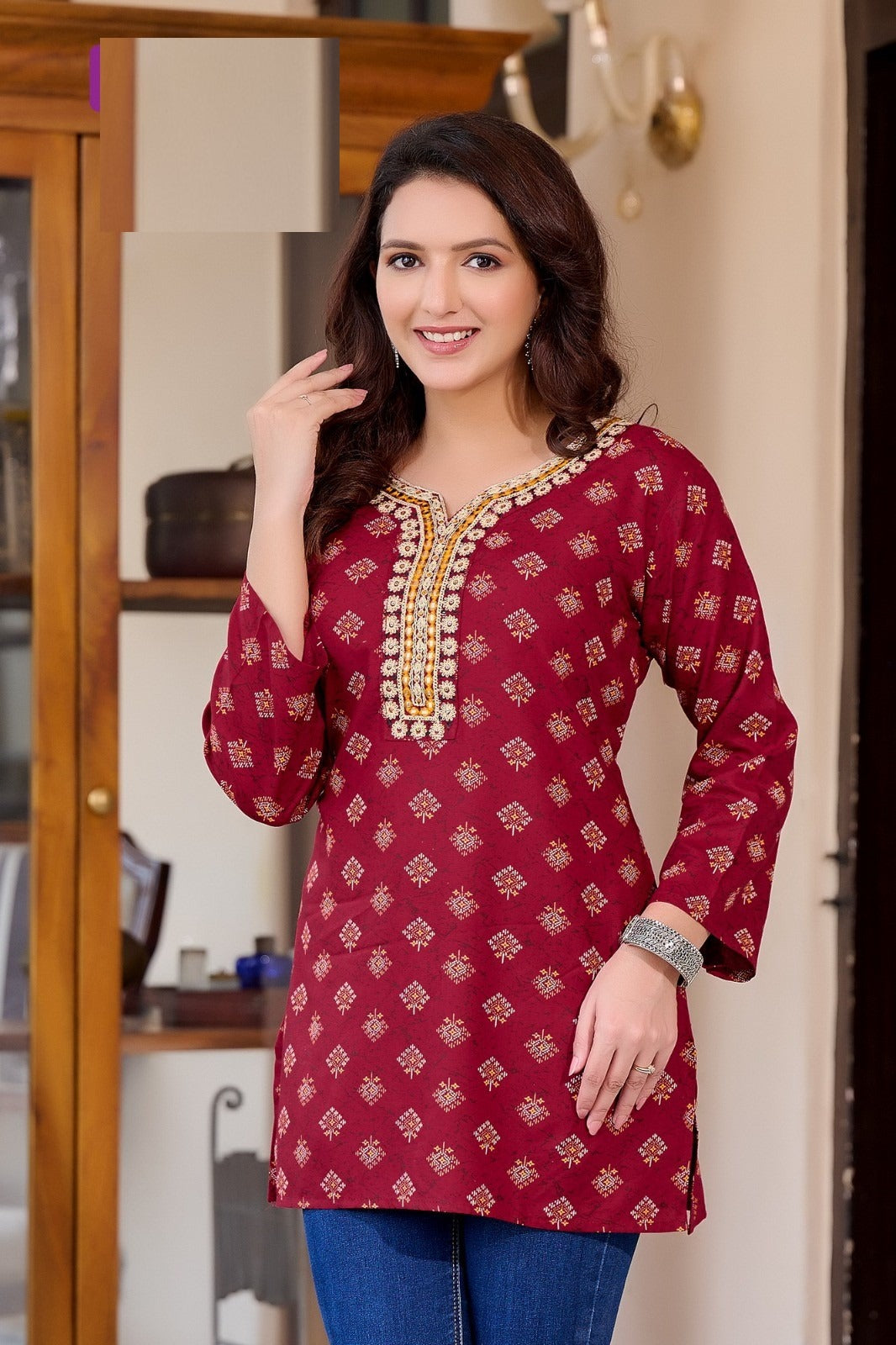 Maroon Rayon Cotton Mirror Work Short Kurti 204
