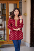 Red Rayon Cotton Mirror Work Short Kurti 202