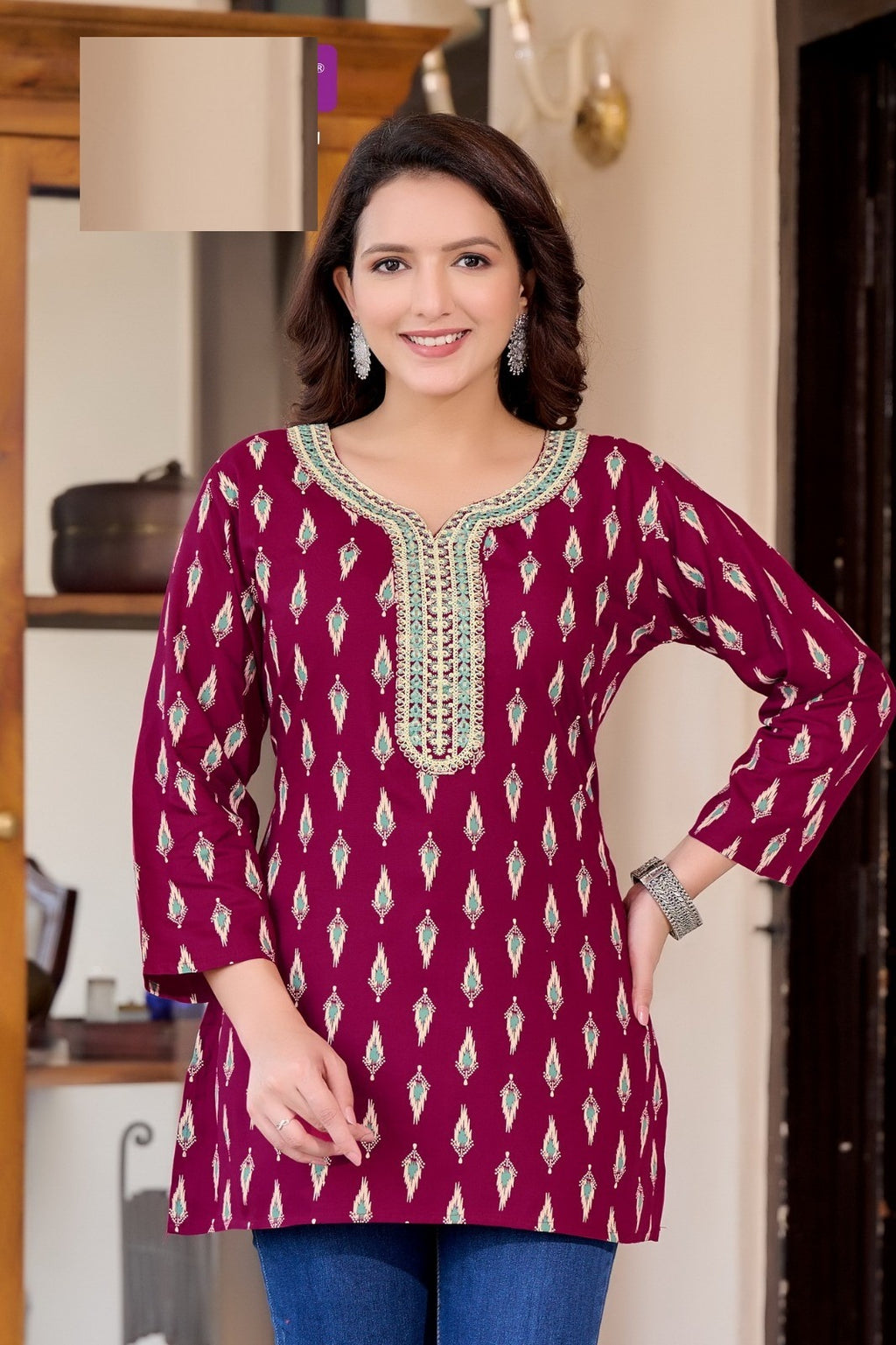 Maroon Rayon Cotton Mirror Work Short Kurti 204