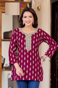 Maroon Rayon Cotton Mirror Work Short Kurti 204