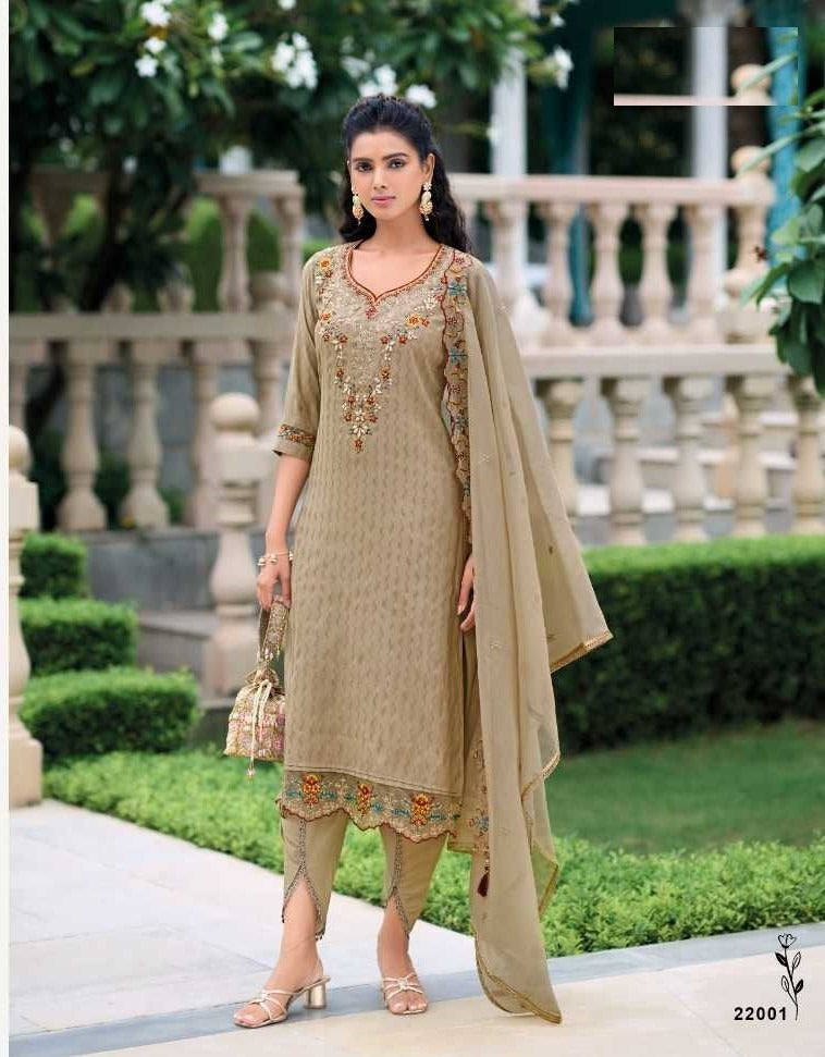 Beige Silk Handwork Suit With Tulip Pants & Silk Dupatta 22001