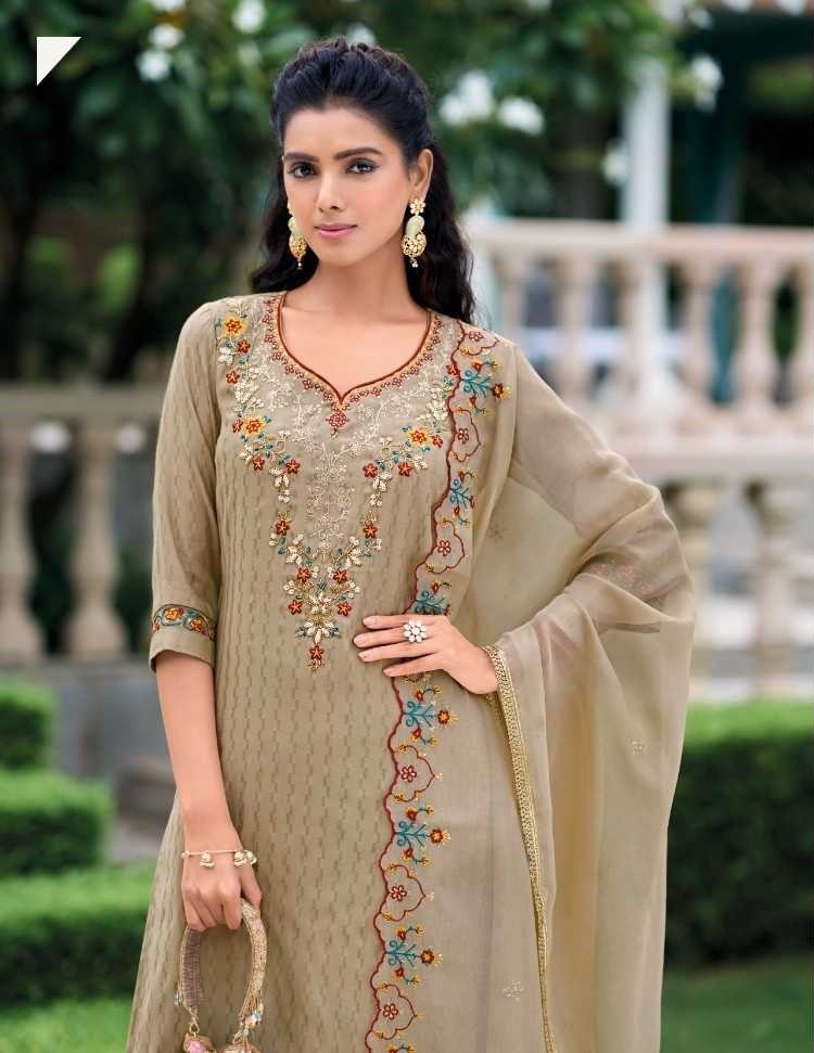 Beige Silk Handwork Suit With Tulip Pants & Silk Dupatta 22001