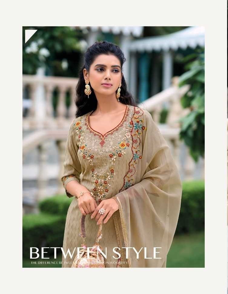 Beige Silk Handwork Suit With Tulip Pants & Silk Dupatta 22001