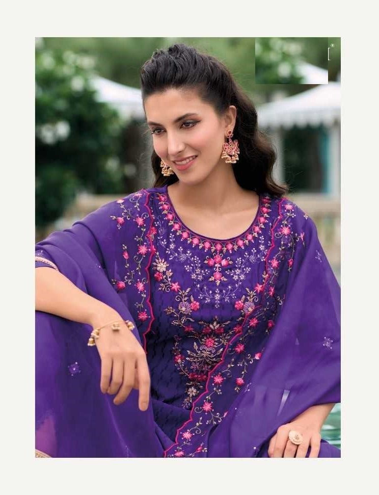 Dark Purple Silk Handwork Suit With Tulip Pants & Silk Dupatta 22004