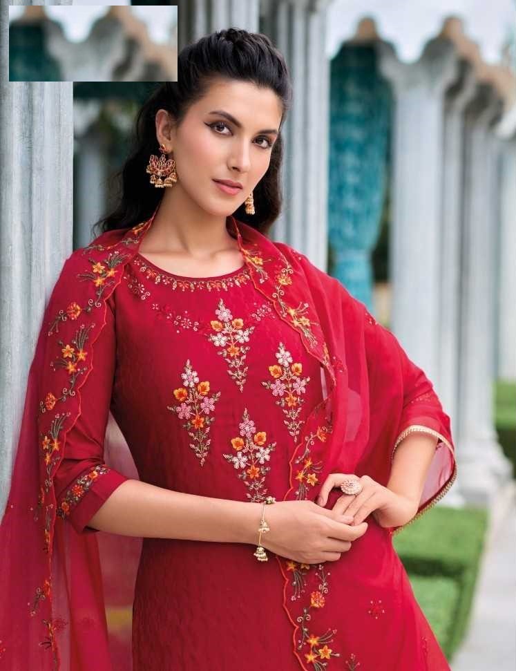 Red Silk Handwork Suit With Tulip Pants & Silk Dupatta 22005