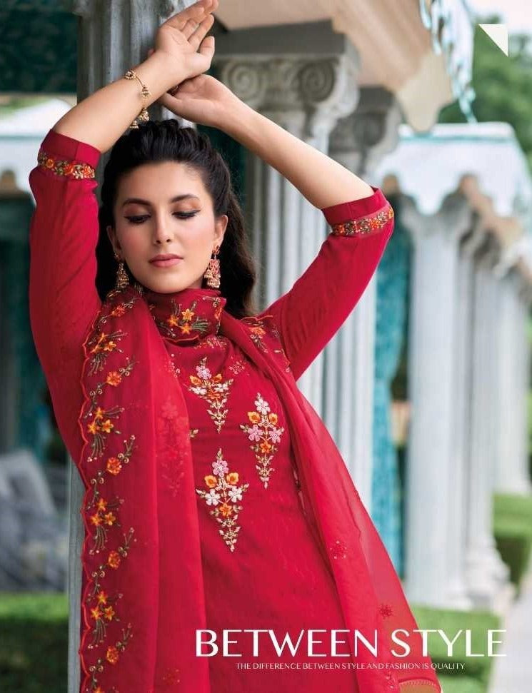 Red Silk Handwork Suit With Tulip Pants & Silk Dupatta 22005